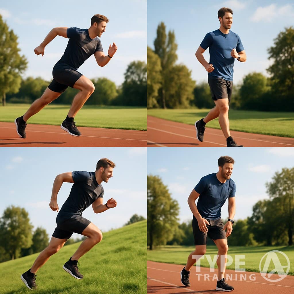 Four runners performing different interval running workouts outdoors on a sunny day, including sprinting, jogging, hill sprints, and walking.