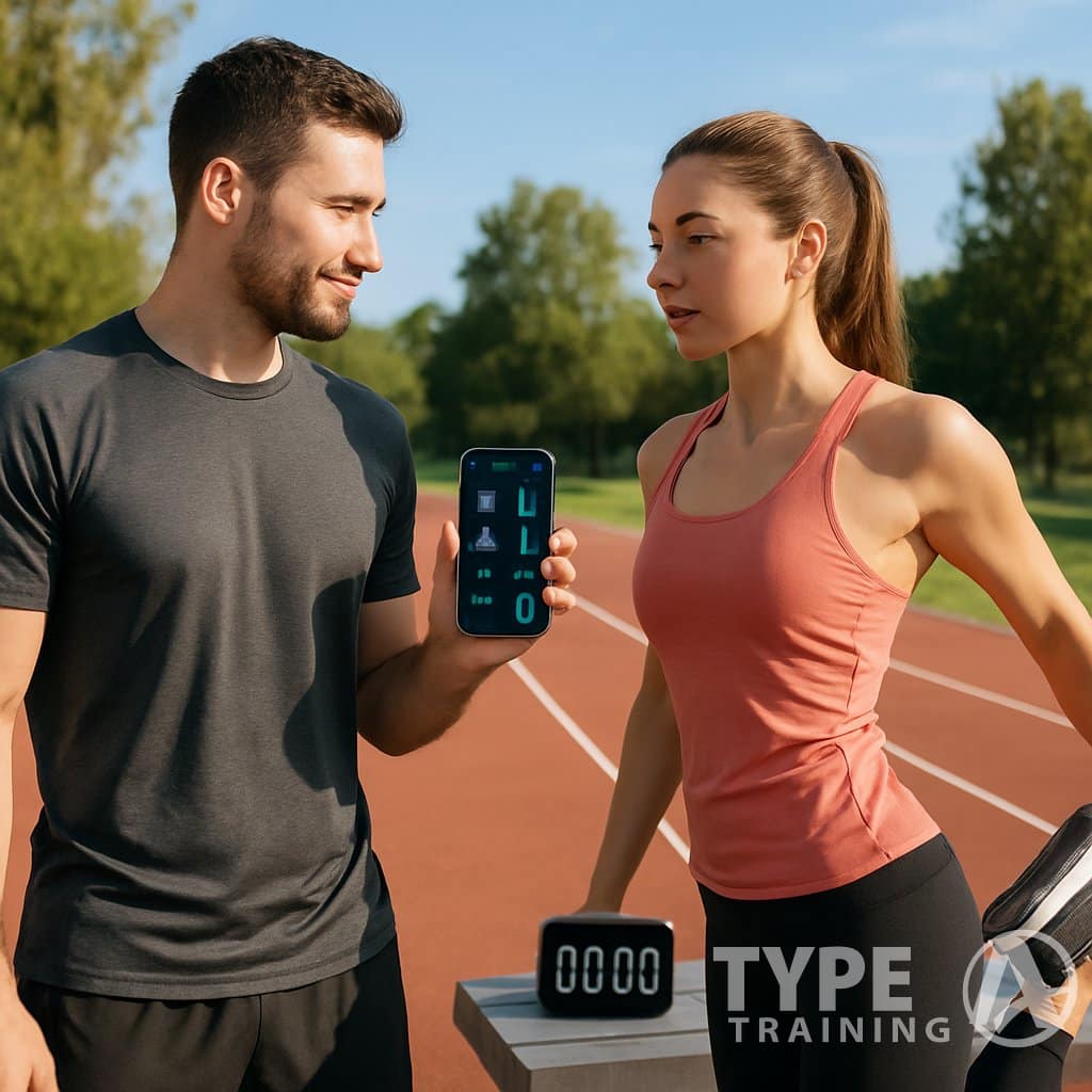 A man holding a smartphone with a fitness app and a woman stretching on a running track outdoors.