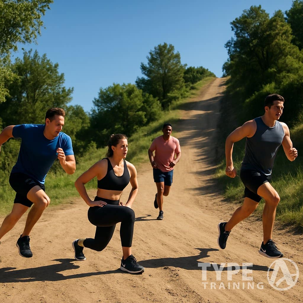 Four athletes performing different hill workouts on a sunny outdoor trail with a steep hill and green trees.