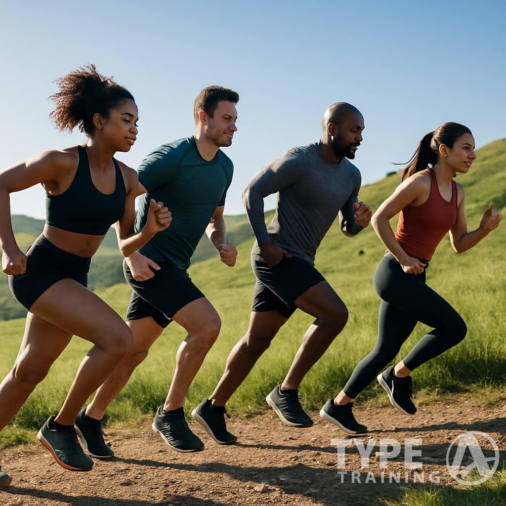 A group of athletes running uphill on a green trail with hills and a clear sky in the background.