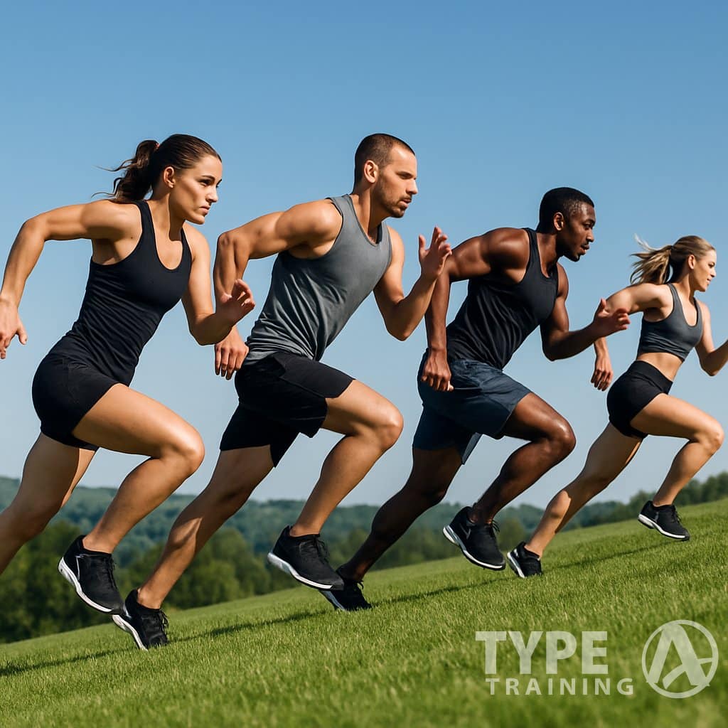 Athletes sprinting uphill on a grassy hill during an outdoor workout session.