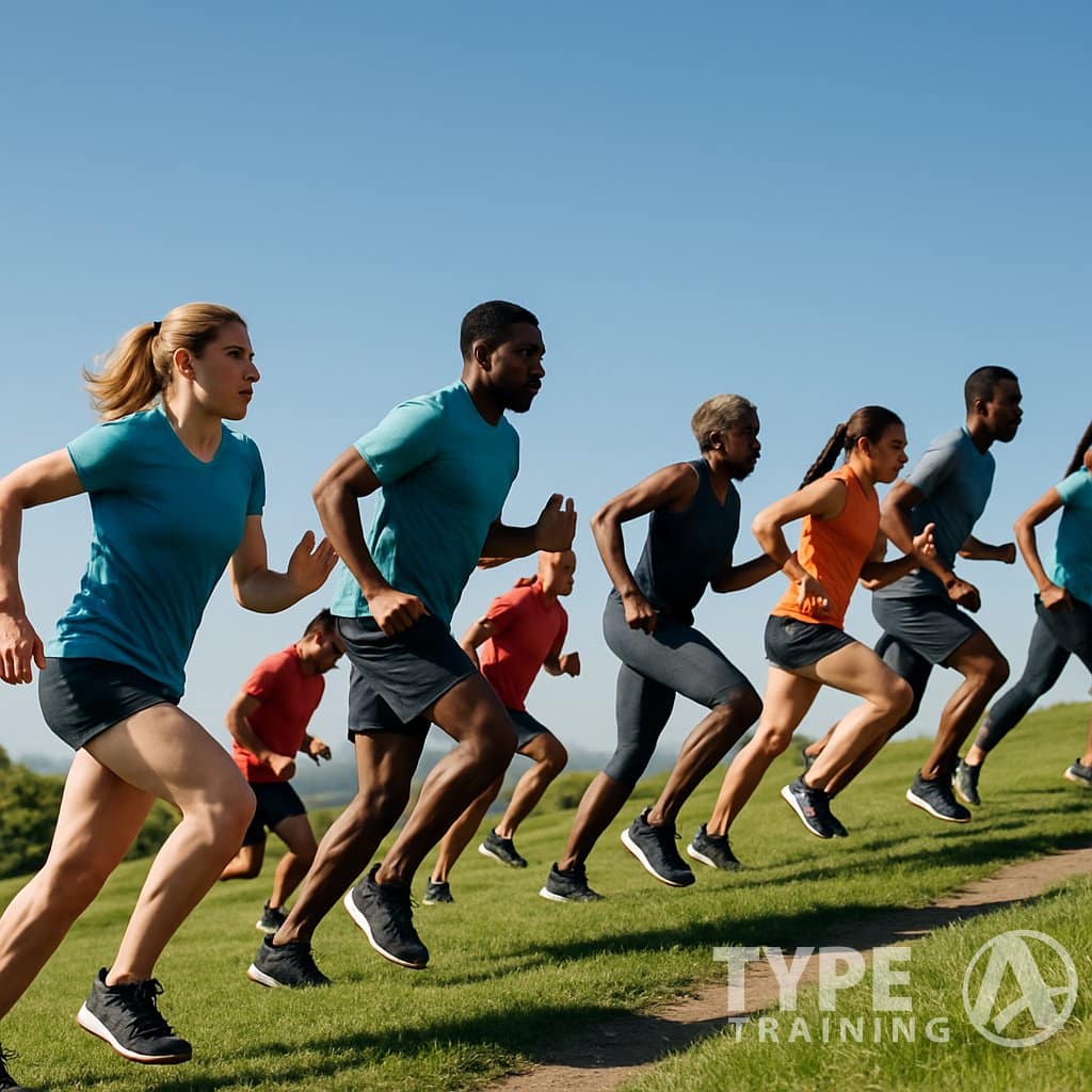 A group of runners running uphill on a grassy trail with trees and hills in the background.