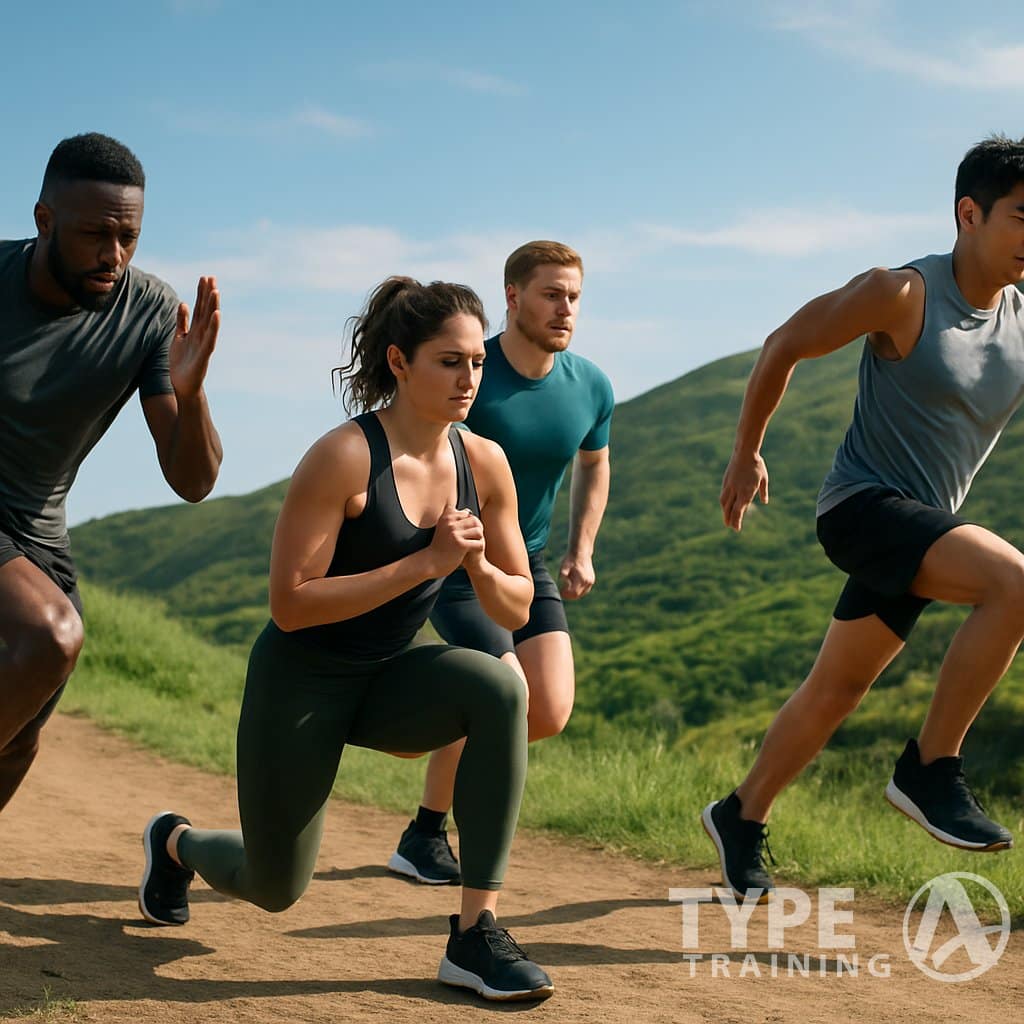 A group of athletes running and exercising on a green hillside trail under a clear sky, performing various hill workouts.