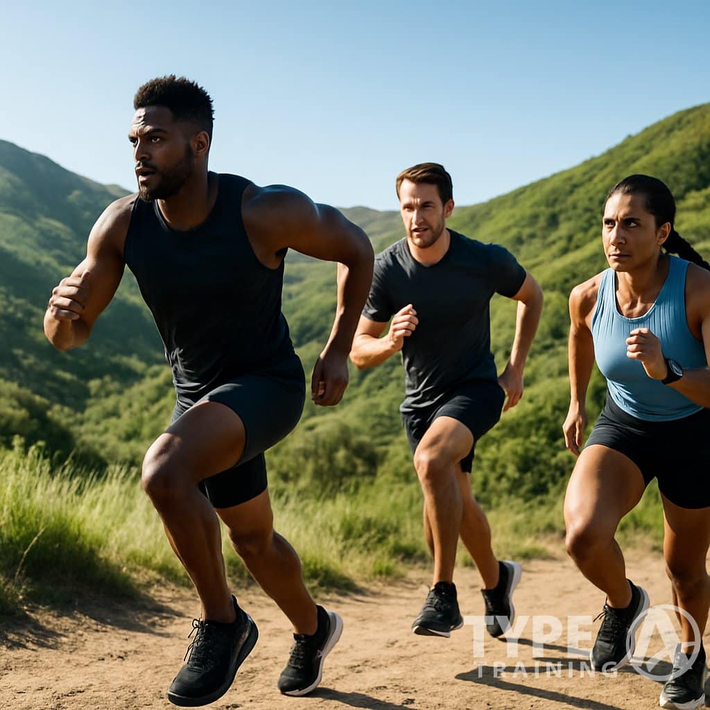 A group of athletes running uphill on a green trail surrounded by hills under a clear sky.