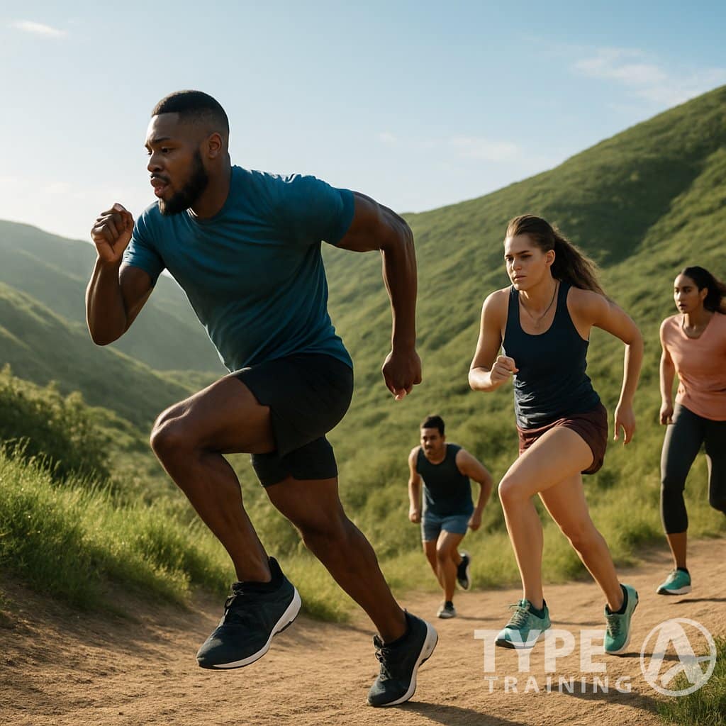 A group of athletes running and sprinting uphill on a green trail under a clear sky during a workout.