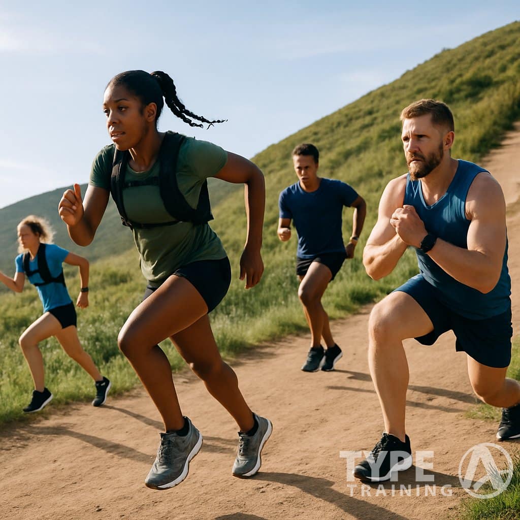 A group of runners performing various hill running exercises on a steep outdoor trail surrounded by green hills under a clear sky.