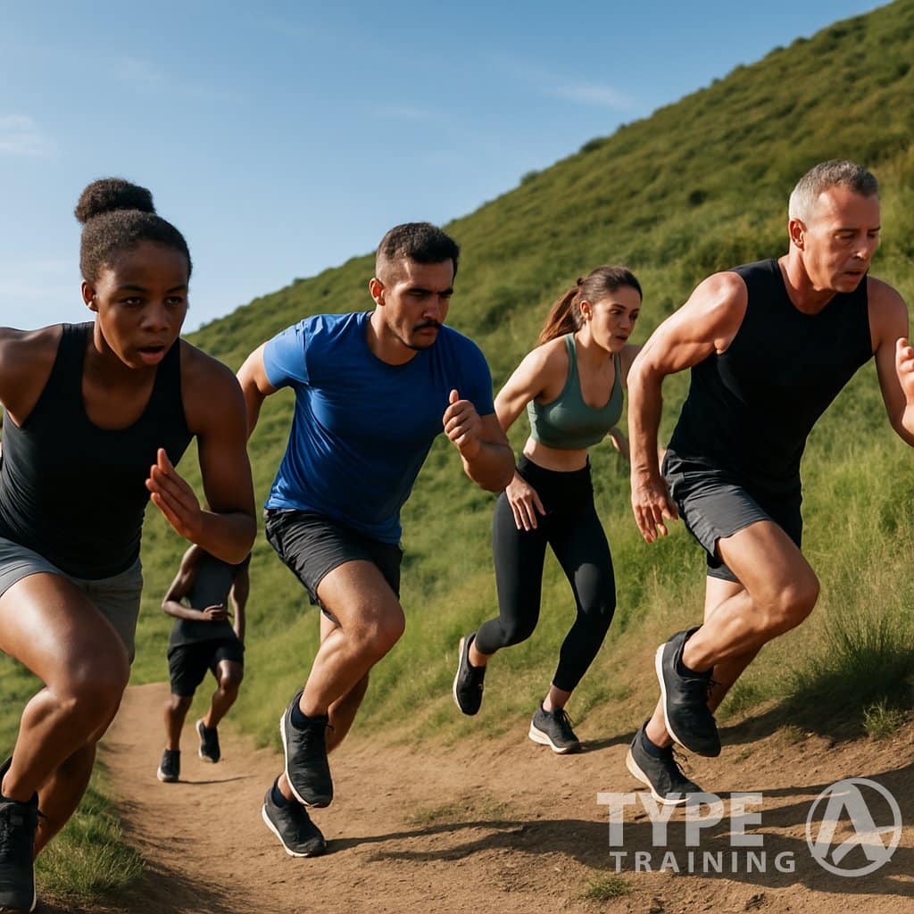 A group of athletes running uphill on a steep outdoor trail, showing effort and determination during a hill workout.