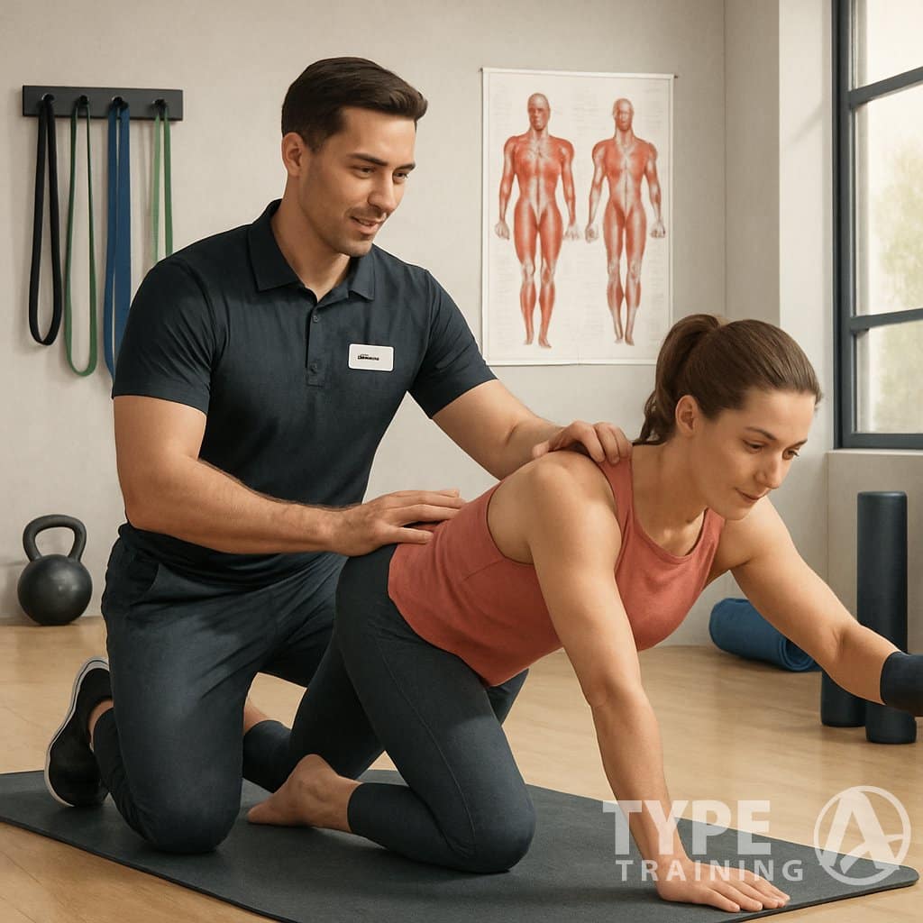 A fitness professional guides a client through a corrective exercise in a studio with fitness equipment and an anatomical chart on the wall.