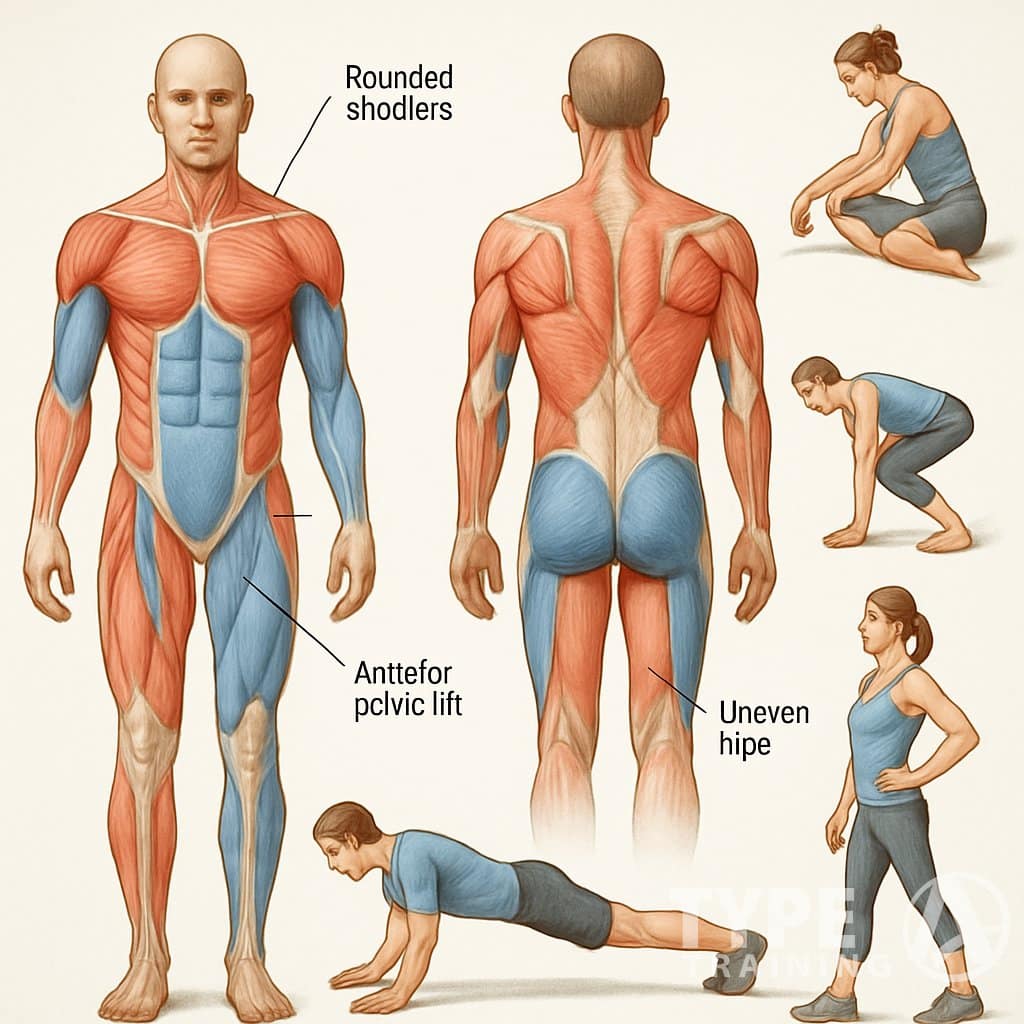 Illustration of a human figure showing common muscular imbalances with highlighted muscle areas and nearby smaller images demonstrating exercises to correct these imbalances.