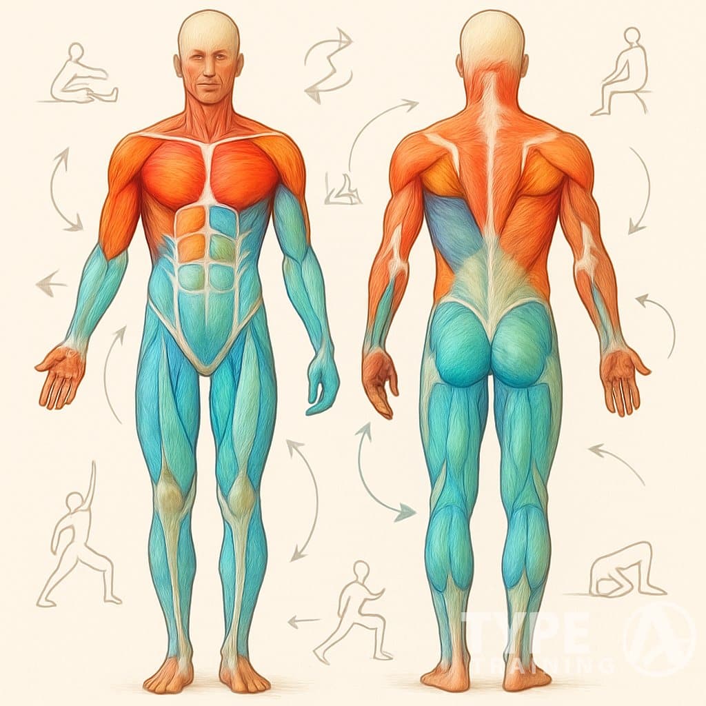 Front and back views of a human figure showing muscles with color highlights indicating imbalances and arrows suggesting corrective exercises.