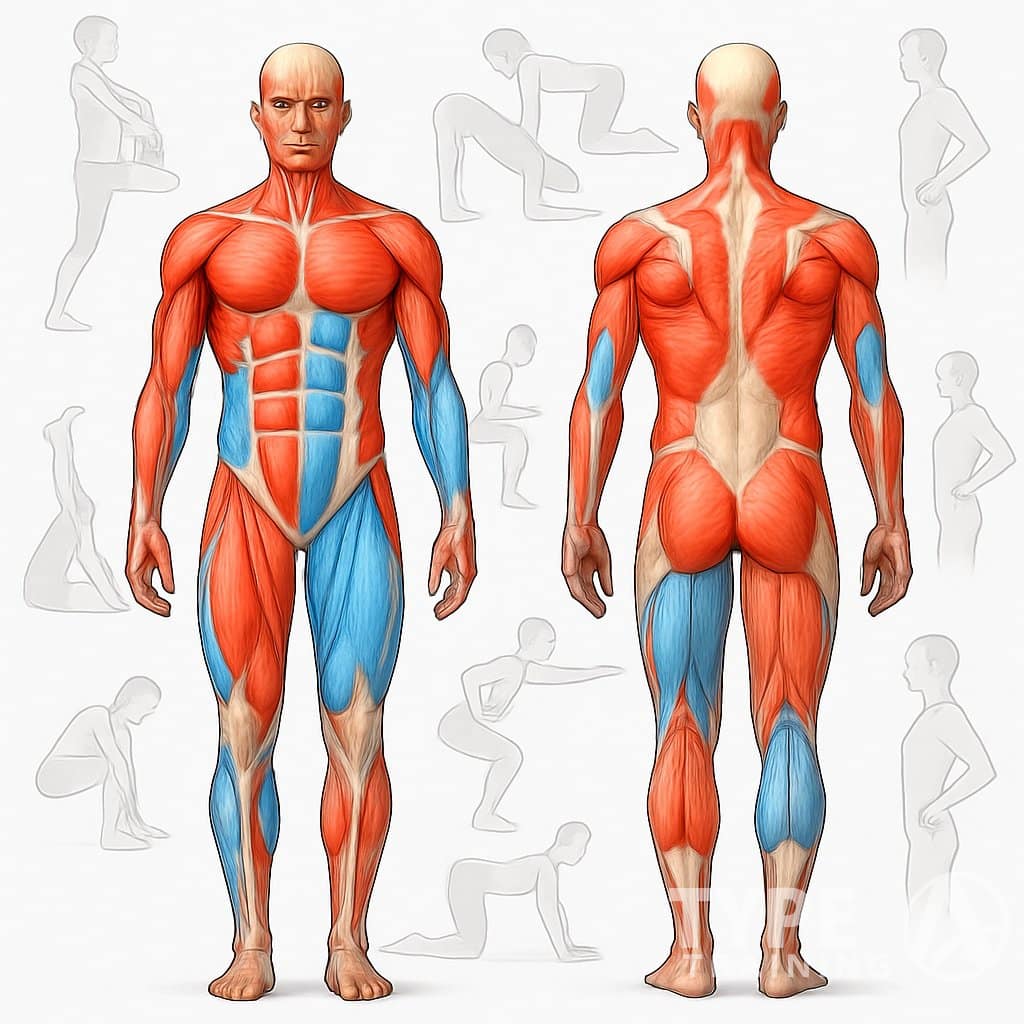 Front and back views of a human figure showing common muscular imbalances with highlighted muscle areas and surrounding illustrations of corrective exercises.