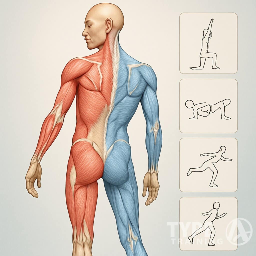 An anatomical illustration showing human muscles with areas of imbalance highlighted, depicting uneven posture and corrective exercises for muscle balance.