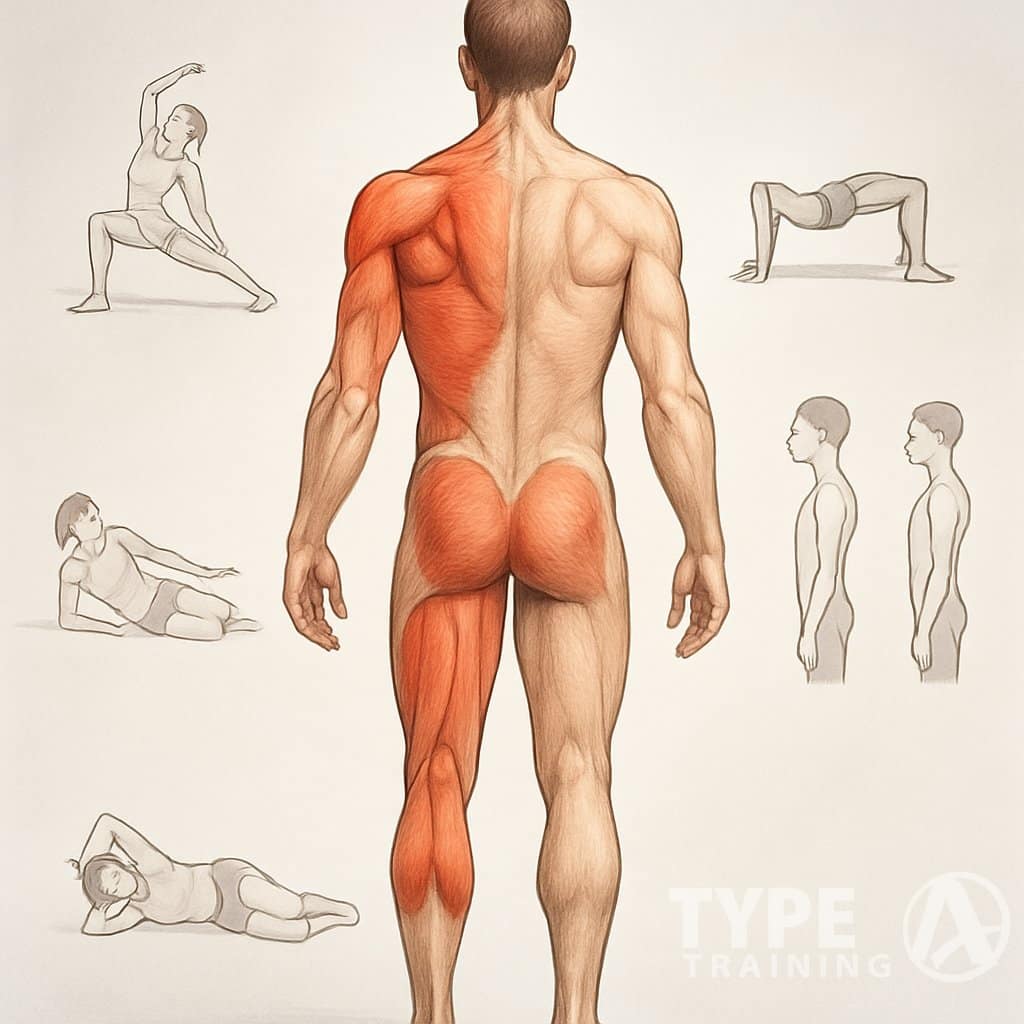 A human figure showing areas of muscular imbalance with surrounding illustrations of corrective exercises.