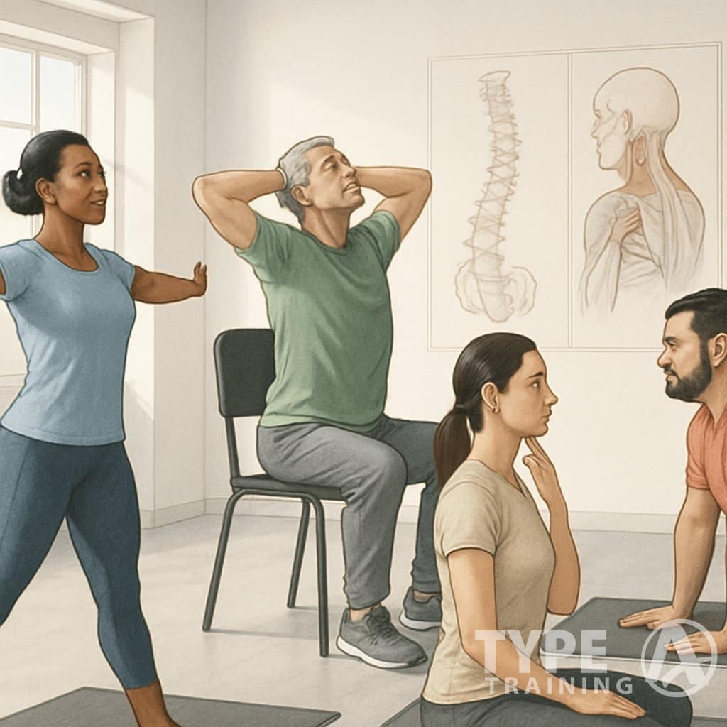 A group of adults in a fitness studio performing exercises to improve posture, including chest openers, thoracic extensions, and chin tucks.