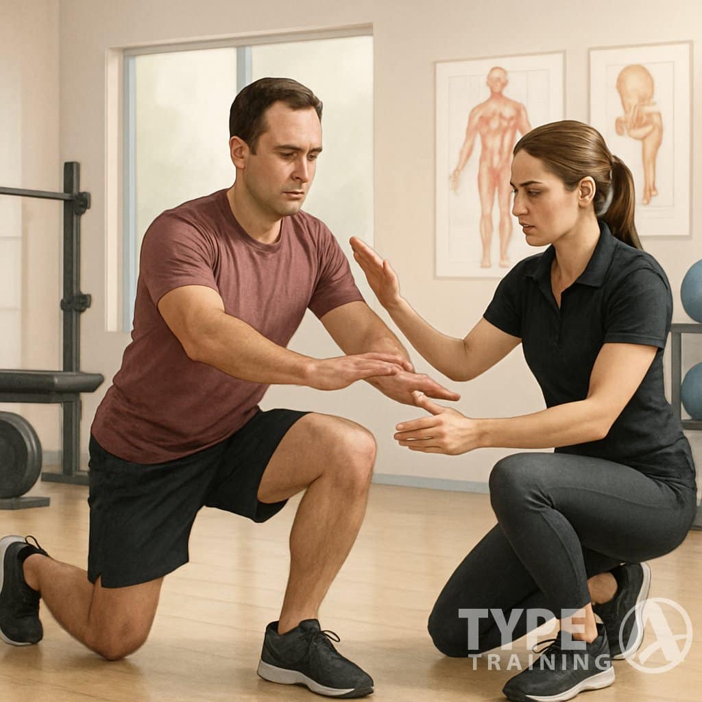 A corrective exercise specialist closely observing a client performing a movement test in a fitness studio, guiding their posture to assess movement dysfunction.