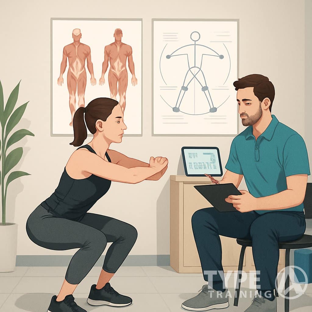 A corrective exercise specialist observing a client performing a squat during a movement assessment in a clinic room with anatomical charts and exercise equipment.