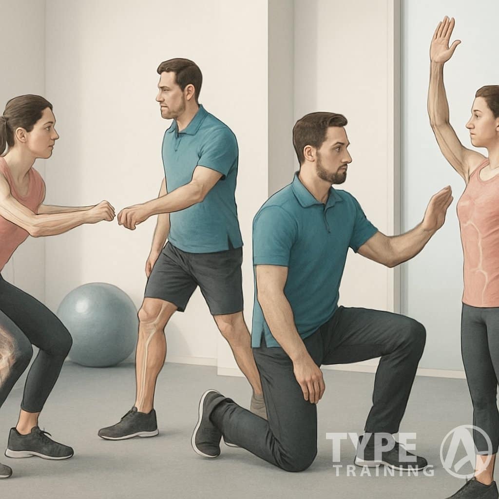 A corrective exercise specialist assessing a client's movement by observing their posture and performing physical tests in a fitness studio.