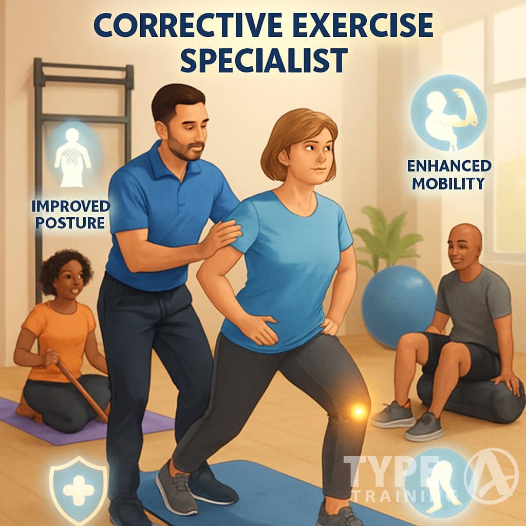 A corrective exercise specialist guiding a diverse group of people through exercises in a gym, focusing on posture and movement improvement.