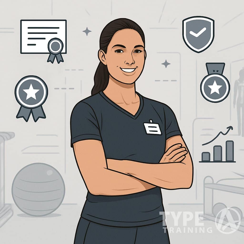 A confident corrective exercise specialist in a gym setting surrounded by symbols of certifications and success, emphasizing expertise and professionalism.