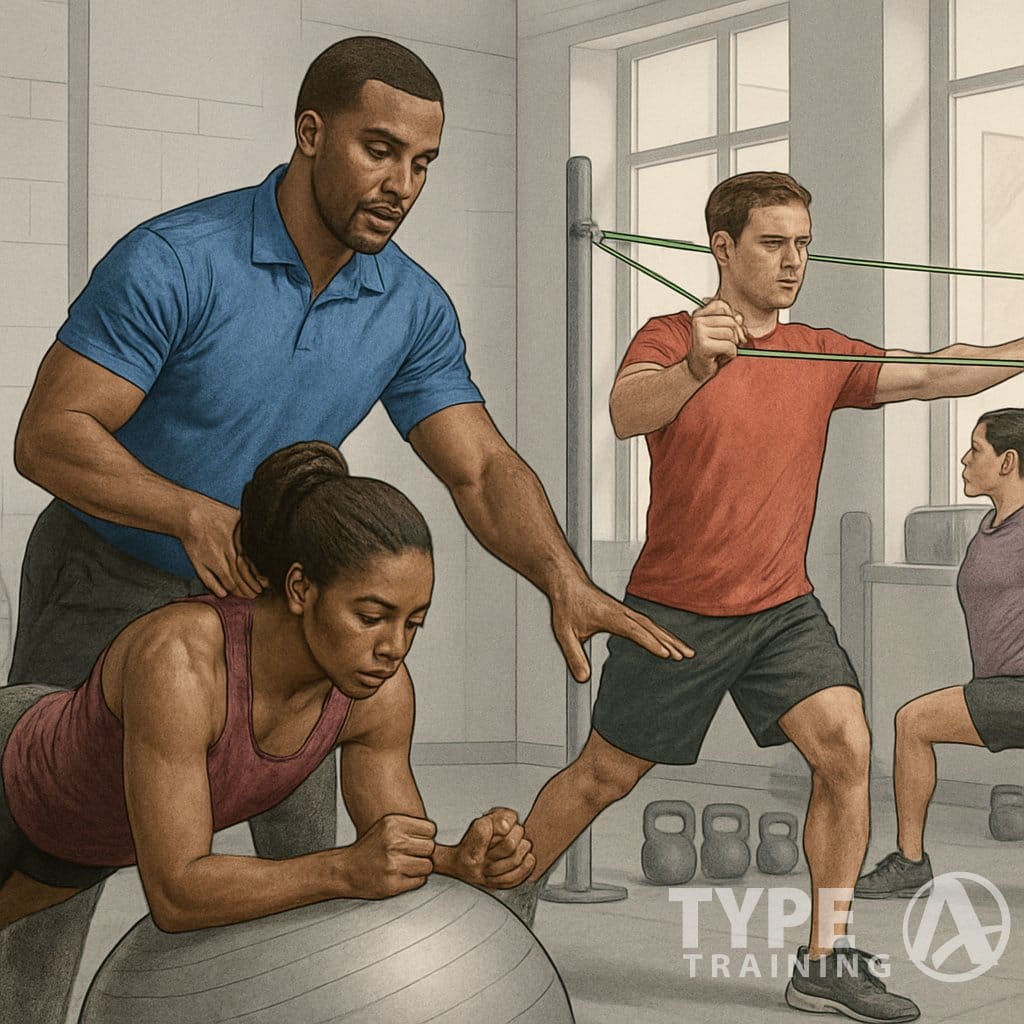 Athletes performing various corrective exercises under the guidance of a coach in a gym setting focused on injury prevention and performance enhancement.