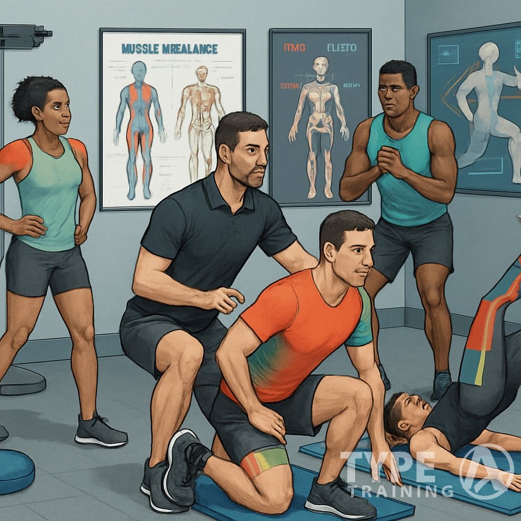 A trainer guides athletes performing exercises to correct muscle imbalances and improve movement, with anatomical visuals highlighting muscle areas.