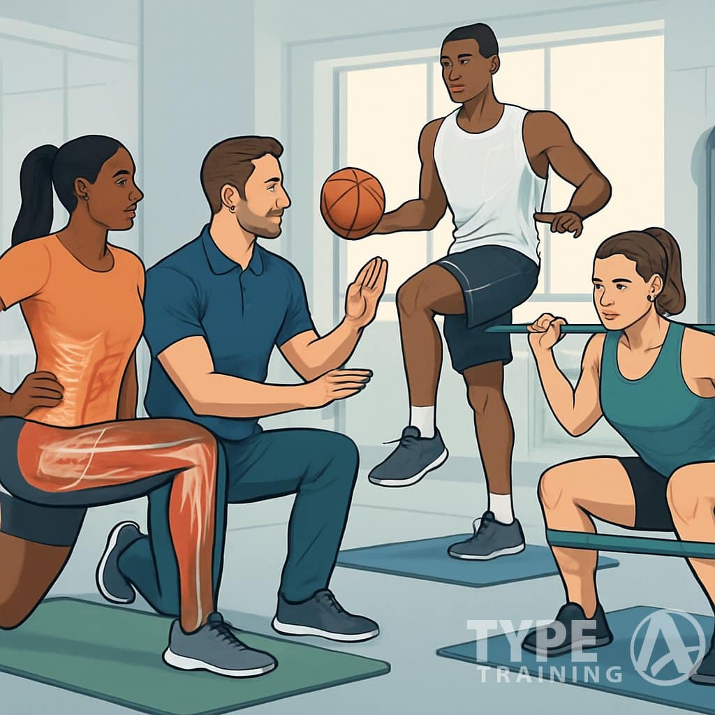 A trainer guides athletes performing various corrective exercises in a gym setting to improve performance and prevent injury.