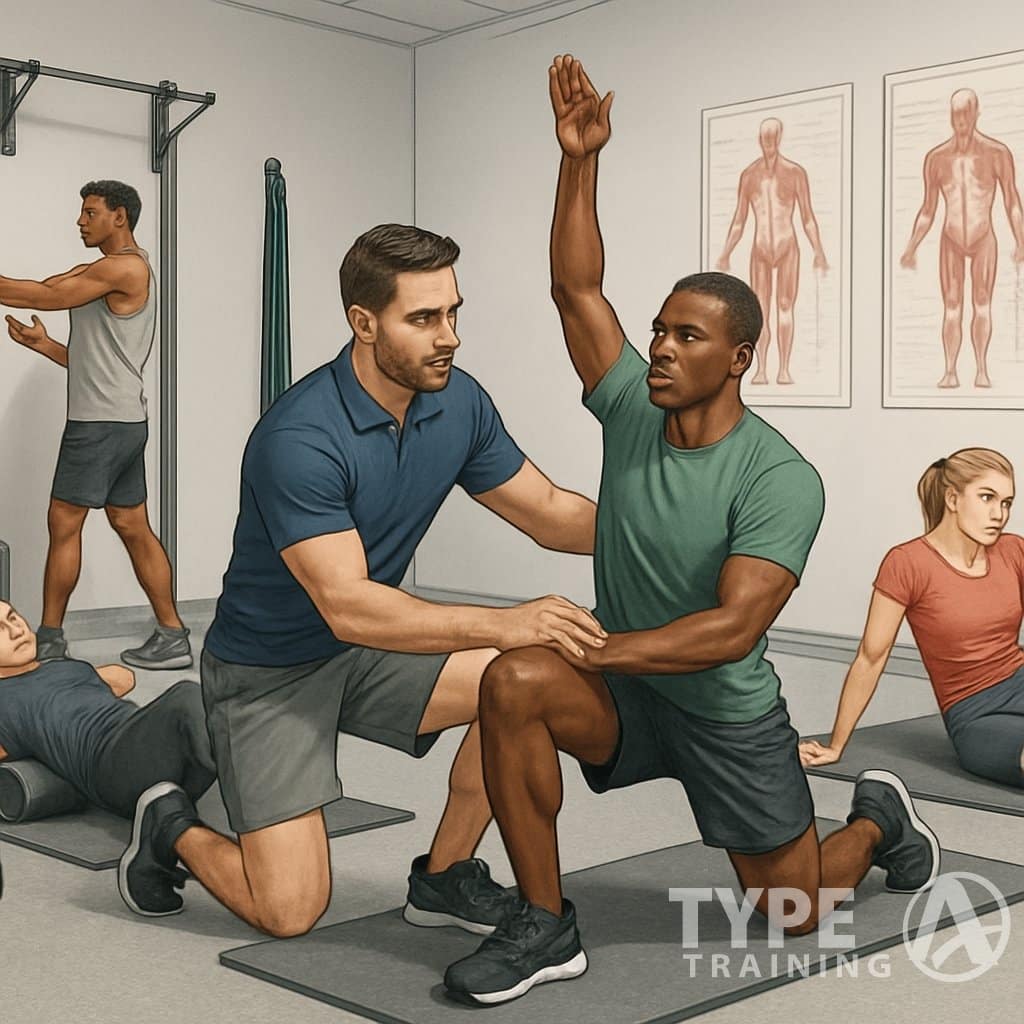 Athletes performing corrective exercises with a trainer in a modern gym focused on injury prevention and pain relief.