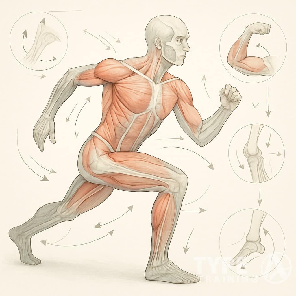 A transparent human figure in an athletic pose showing muscles and joints with diagrams illustrating joint movements and muscle activation.