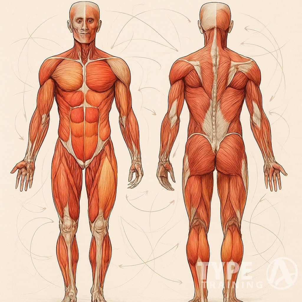 Front and back views of a human figure showing muscles with highlighted areas indicating muscle imbalances and biomechanics.