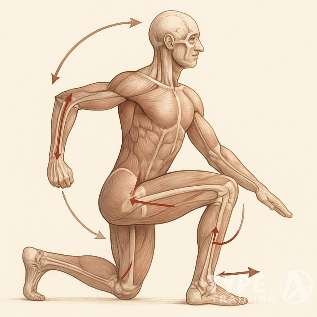 A human figure showing muscles and bones with arrows illustrating joint movements and forces during a corrective exercise.