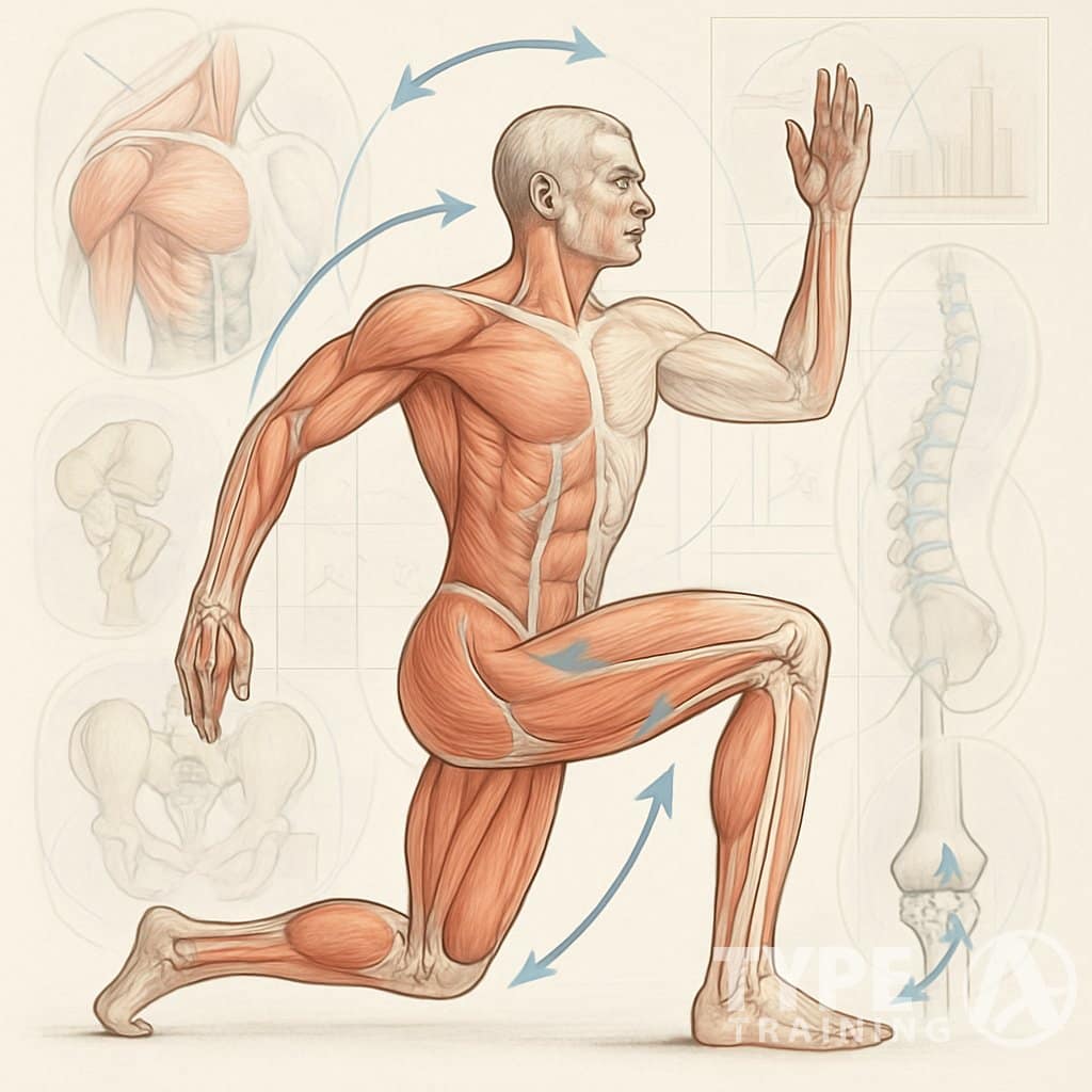A detailed illustration of a human figure showing muscles and bones with overlays of biomechanical diagrams and arrows indicating movement and correction.