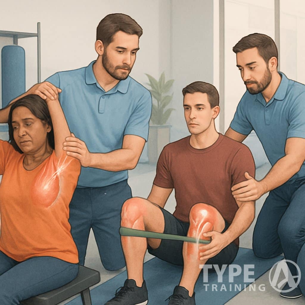 A corrective exercise specialist assisting three people with shoulder, knee, and lower back injuries in a therapy studio with exercise equipment.
