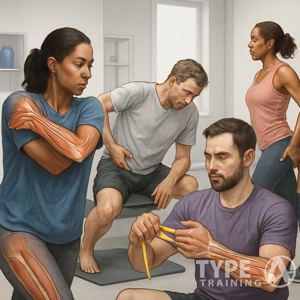 A group of adults performing corrective exercises targeting common musculoskeletal injuries in a clinical rehabilitation setting.