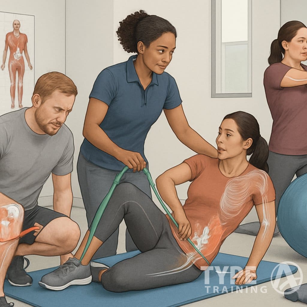 A specialist guiding patients through exercises to recover from and prevent injuries, showing different body parts and movements.