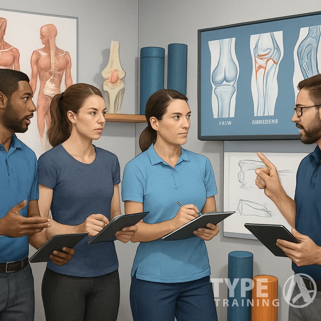 A group of healthcare professionals collaborating in a clinical setting, examining anatomical models and injury diagrams related to corrective exercise.