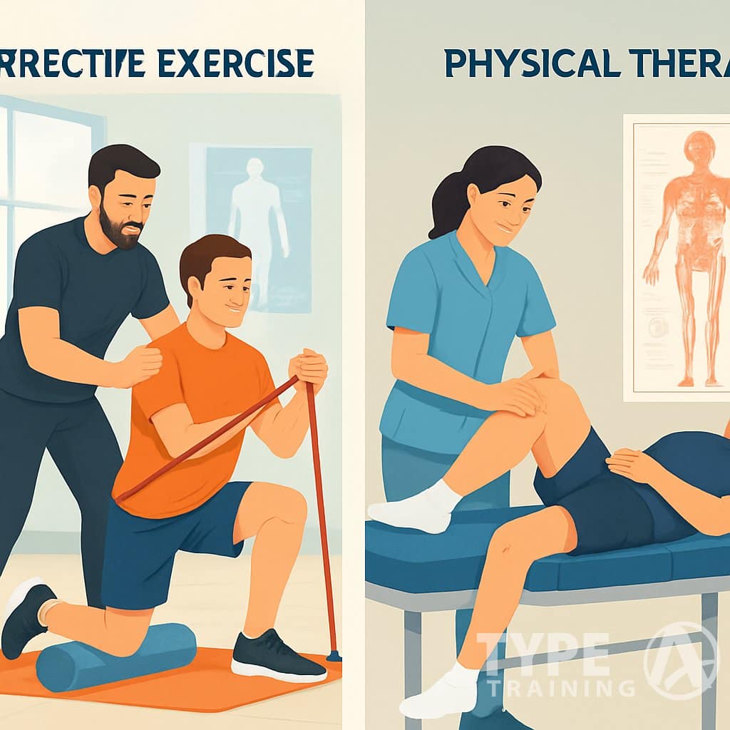 Two side-by-side scenes showing a fitness trainer helping a person with exercises on one side, and a physical therapist assisting a patient with rehabilitation on the other side.