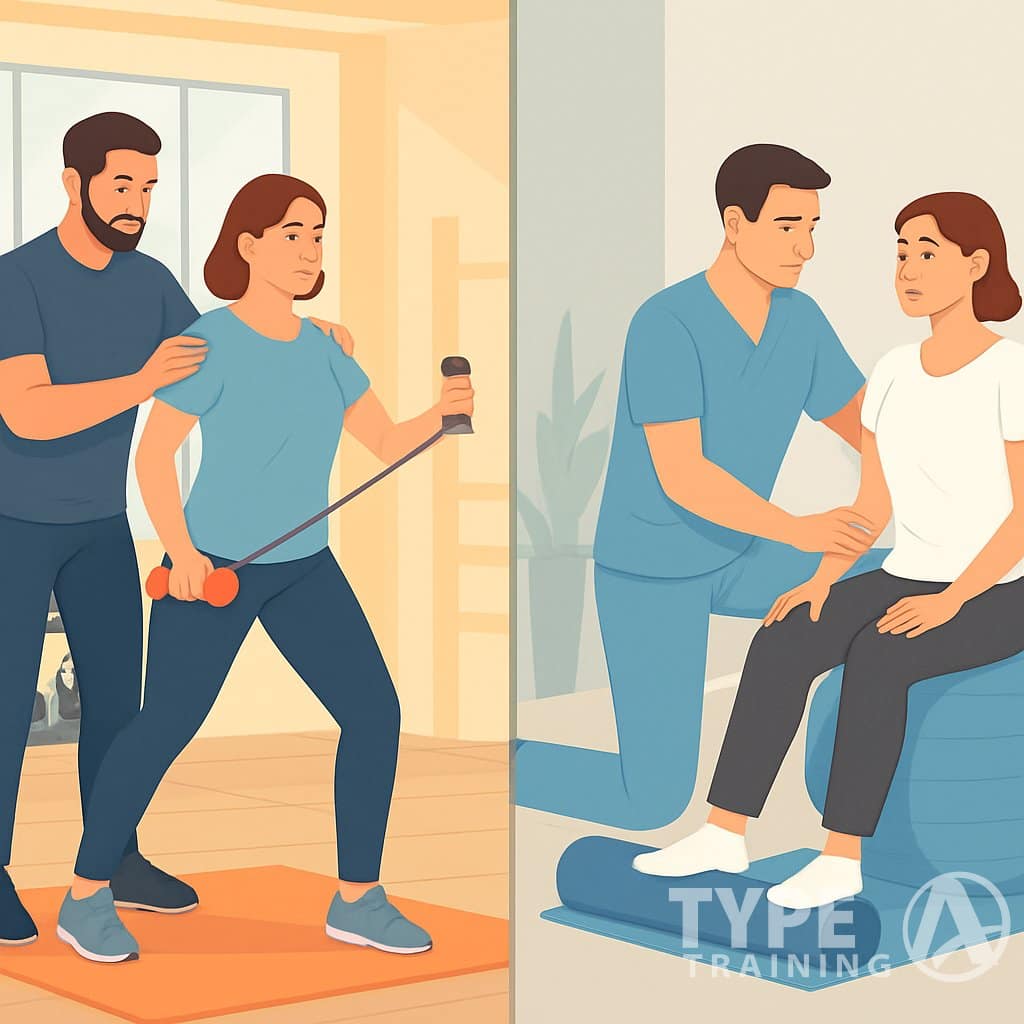 Two scenes side by side: a fitness professional guiding a person through exercises with resistance bands in a gym, and a physical therapist assisting a patient using therapeutic equipment in a clinical setting.