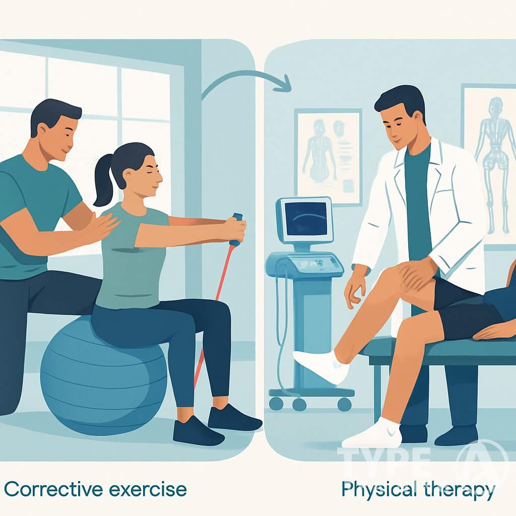 Two healthcare professionals working with individuals: one guiding exercise in a gym, the other assisting rehabilitation in a clinical setting.