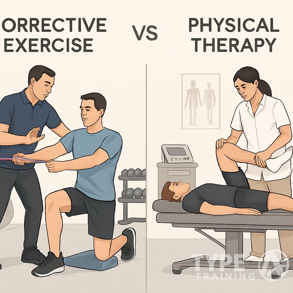 A fitness trainer guiding a client through exercises on one side and a physical therapist assisting a patient with therapy on the other side, showing the difference between corrective exercise and physical therapy.