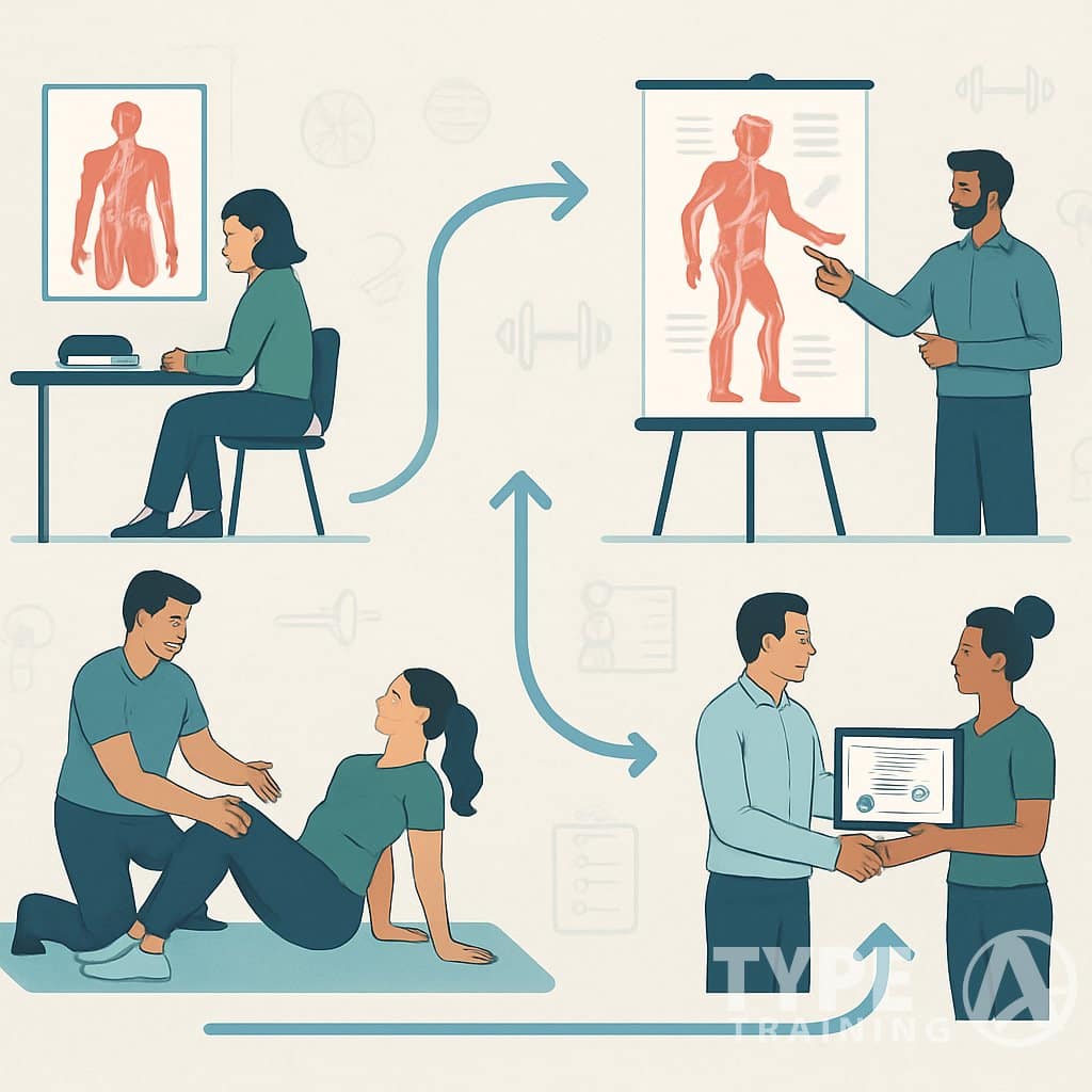 An illustration showing people learning and training in corrective exercise, including studying anatomy, practicing exercises, and receiving certificates, connected in a flowchart layout.