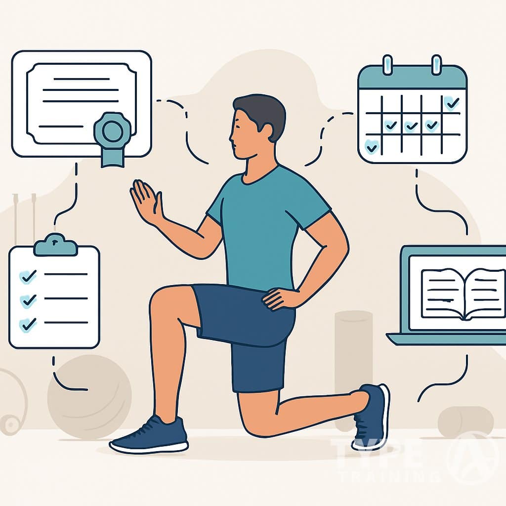 A fitness professional demonstrating corrective exercises surrounded by icons representing certification, training, scheduling, and study materials, with gym equipment in the background.