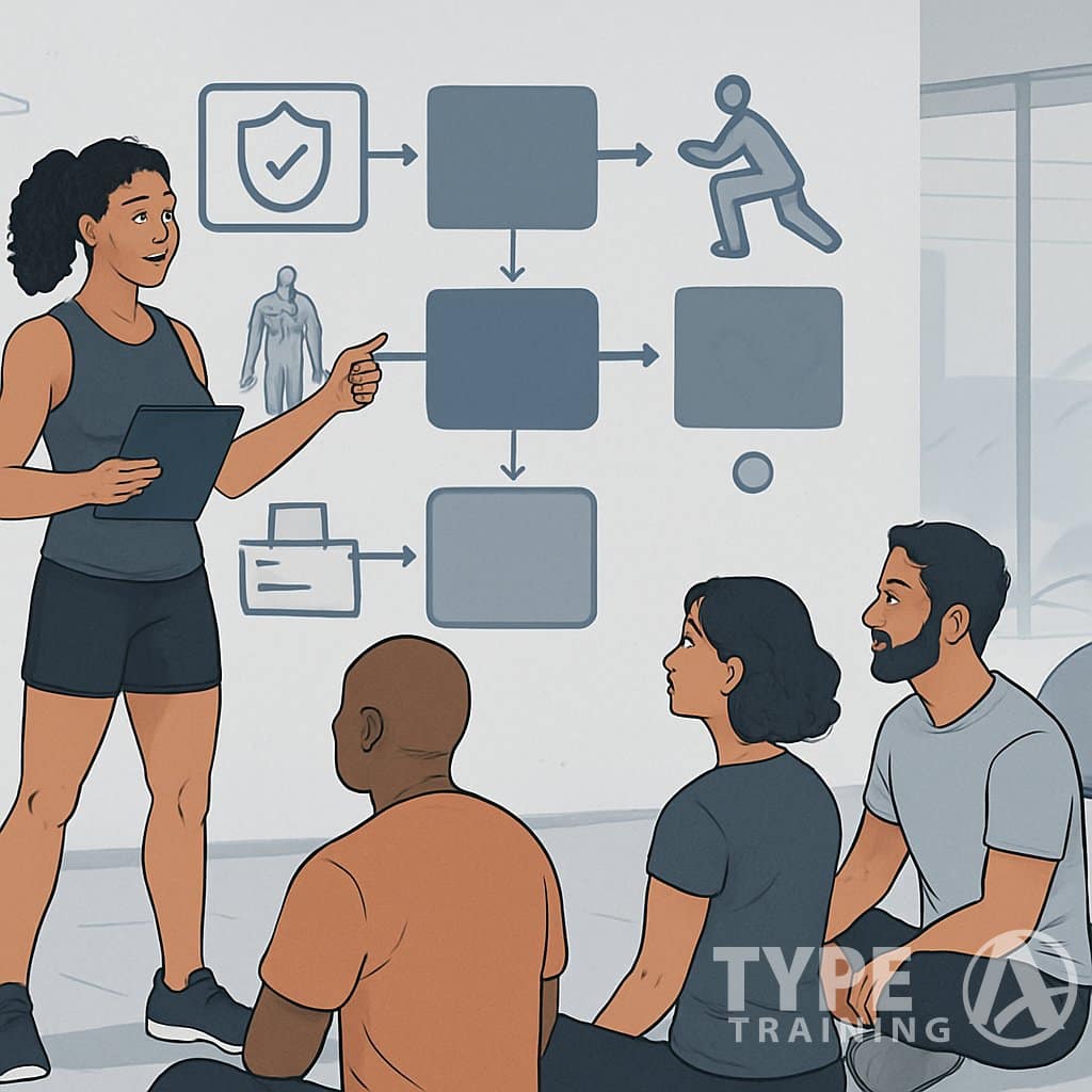A fitness professional teaching corrective exercise techniques to a group of trainees in a gym setting with exercise equipment and a flowchart illustrating training steps.