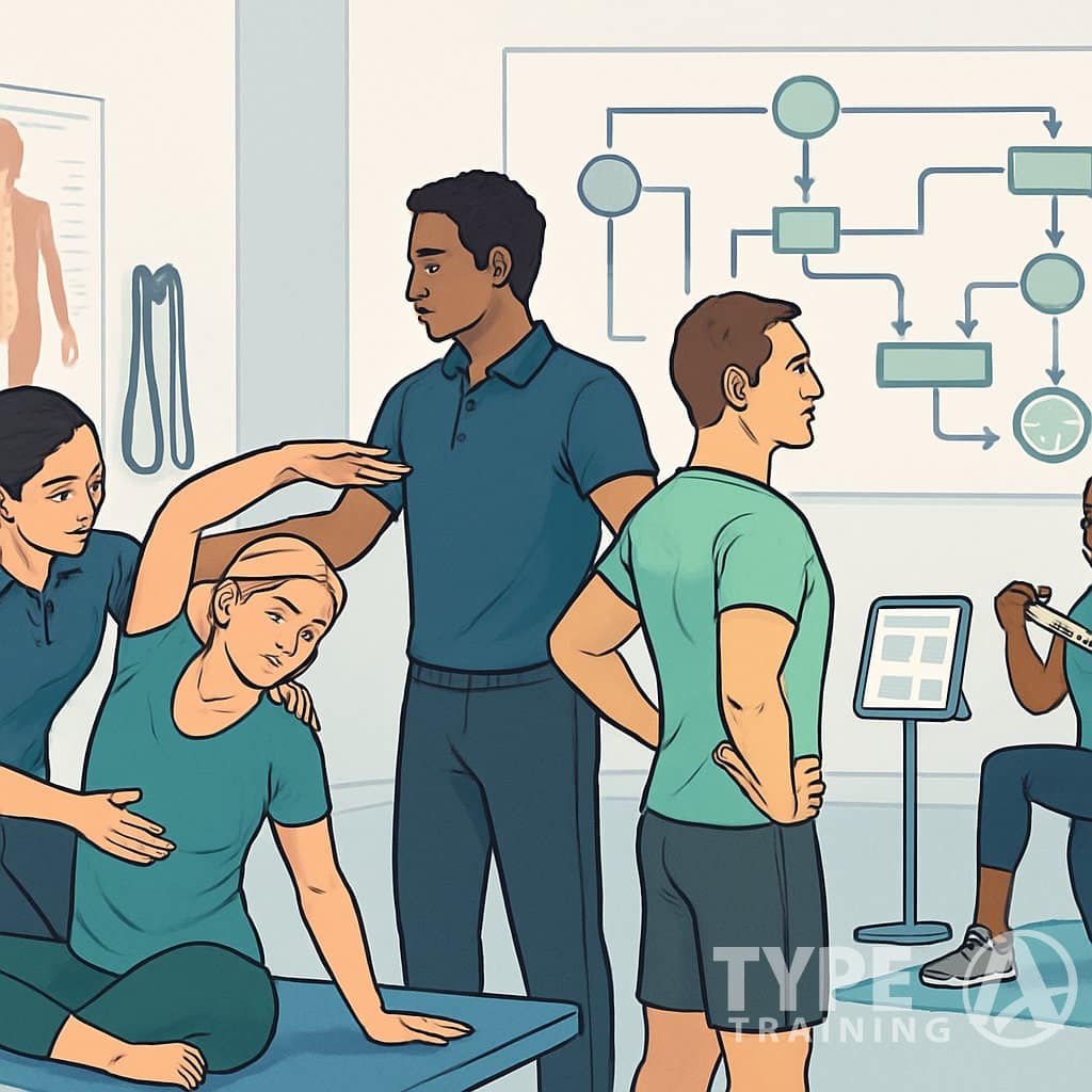 A group of fitness professionals practicing corrective exercises in a modern gym with a flowchart diagram in the background showing training and certification steps.