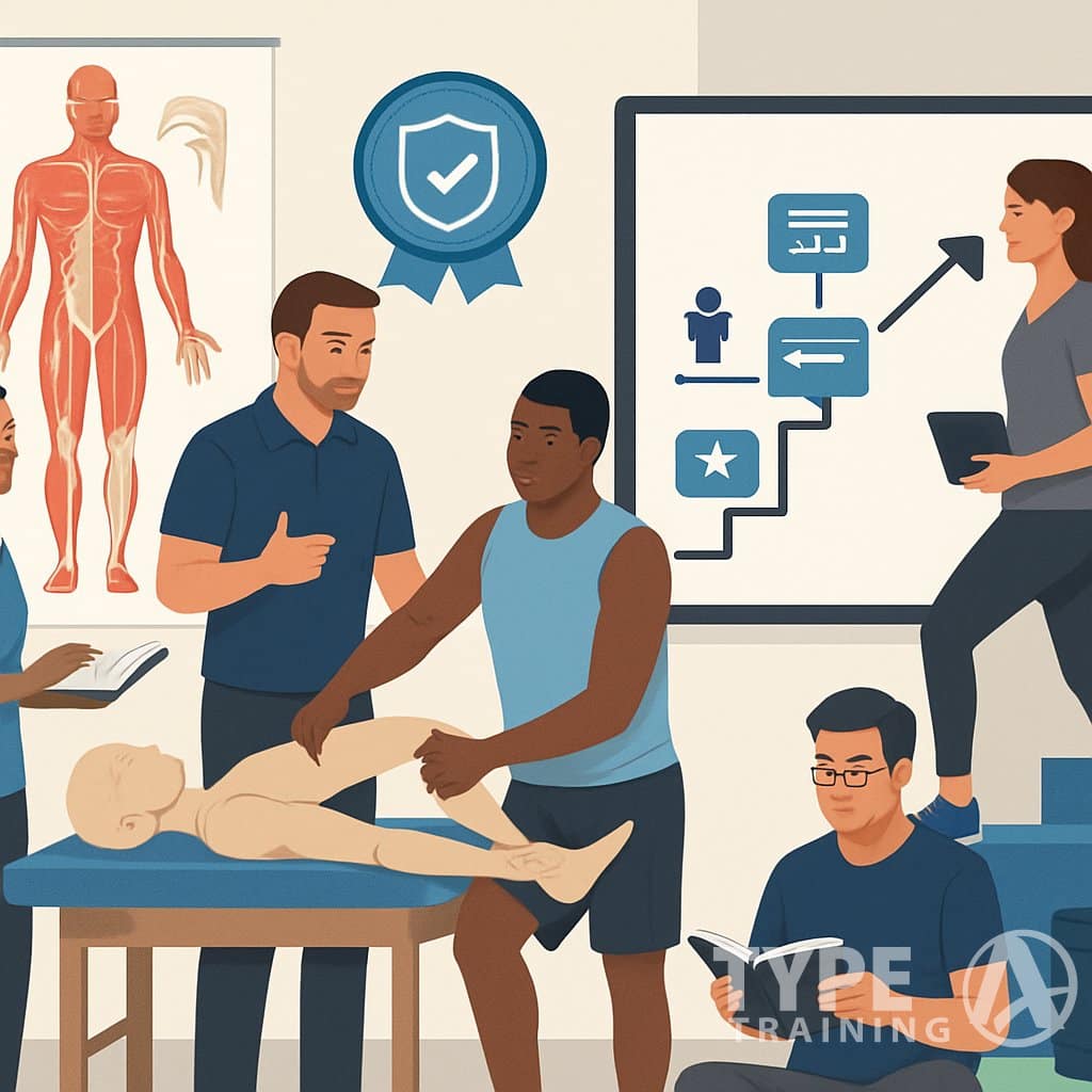 A group of diverse adults learning and practicing corrective exercise techniques in a bright classroom with anatomical charts, exercise equipment, and a visual pathway showing career advancement.