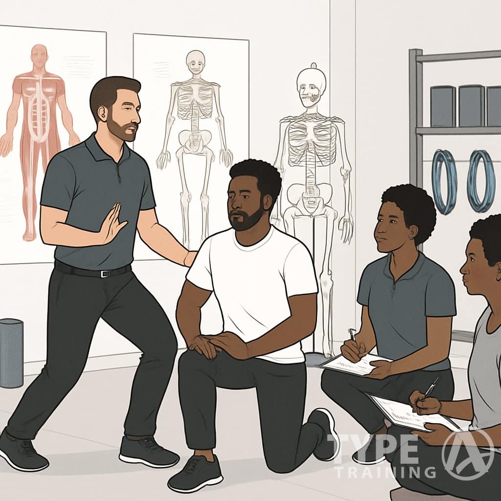 A group of fitness professionals practicing corrective exercise techniques in a training facility with an instructor guiding them.