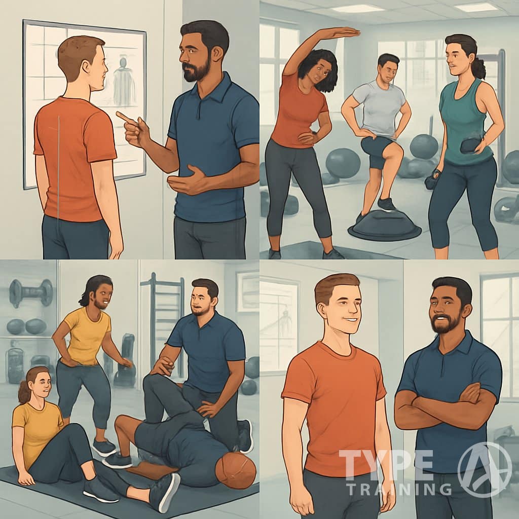 Multiple people performing corrective exercises with a trainer in a gym, showing assessment, exercise, and improvement stages.