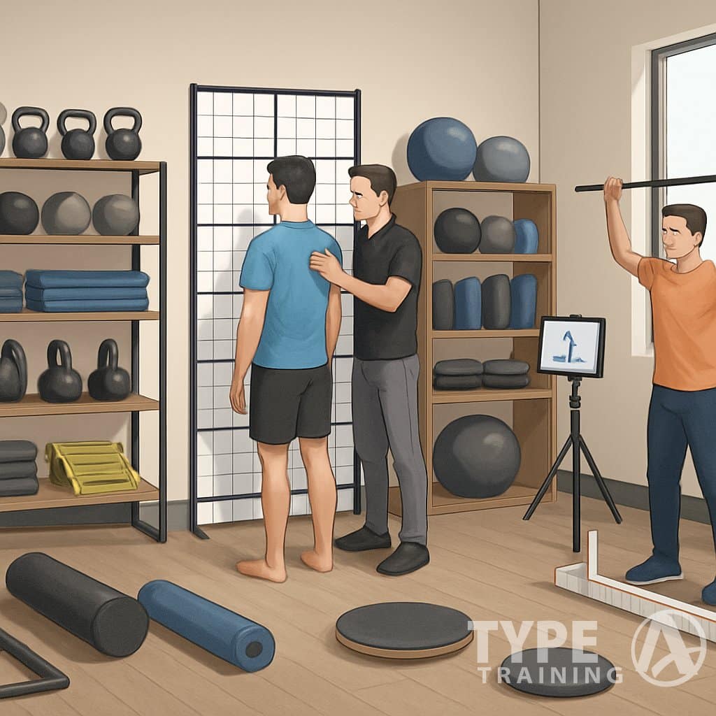A fitness studio with specialized equipment for corrective exercise, showing a trainer assessing a client using posture and movement tools.