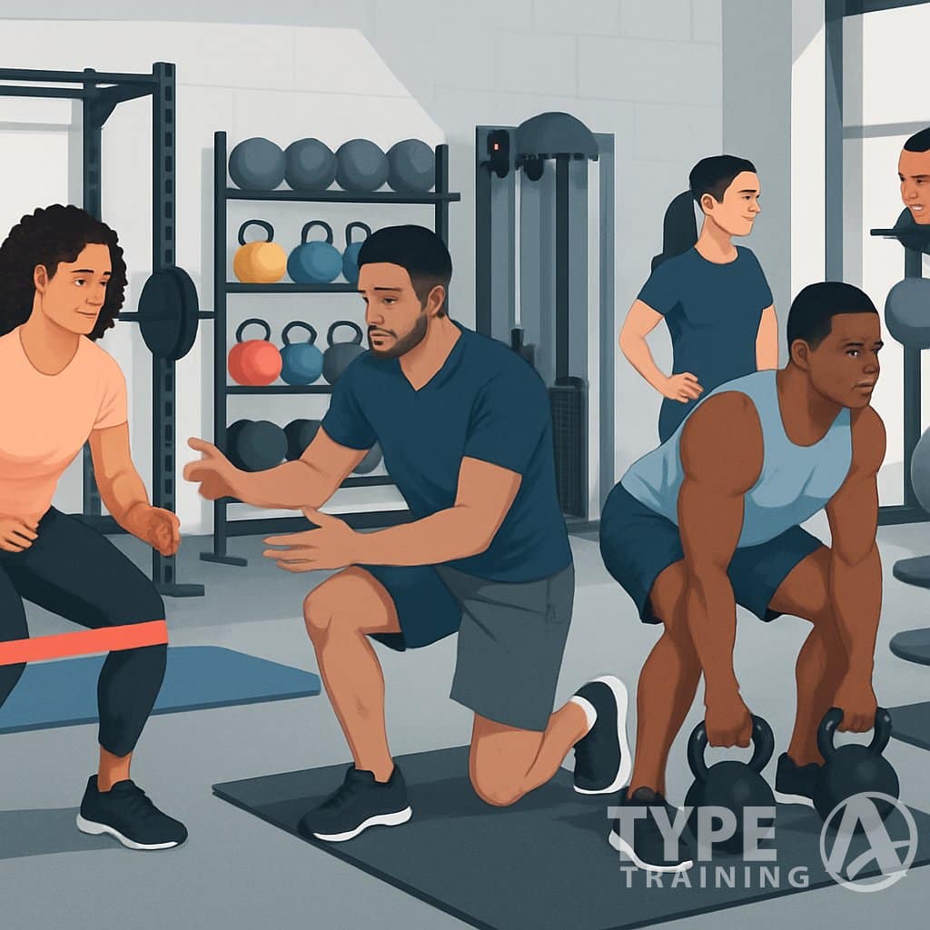 A gym scene showing athletes and trainers using equipment like resistance bands, kettlebells, and medicine balls for strength training and corrective exercises.