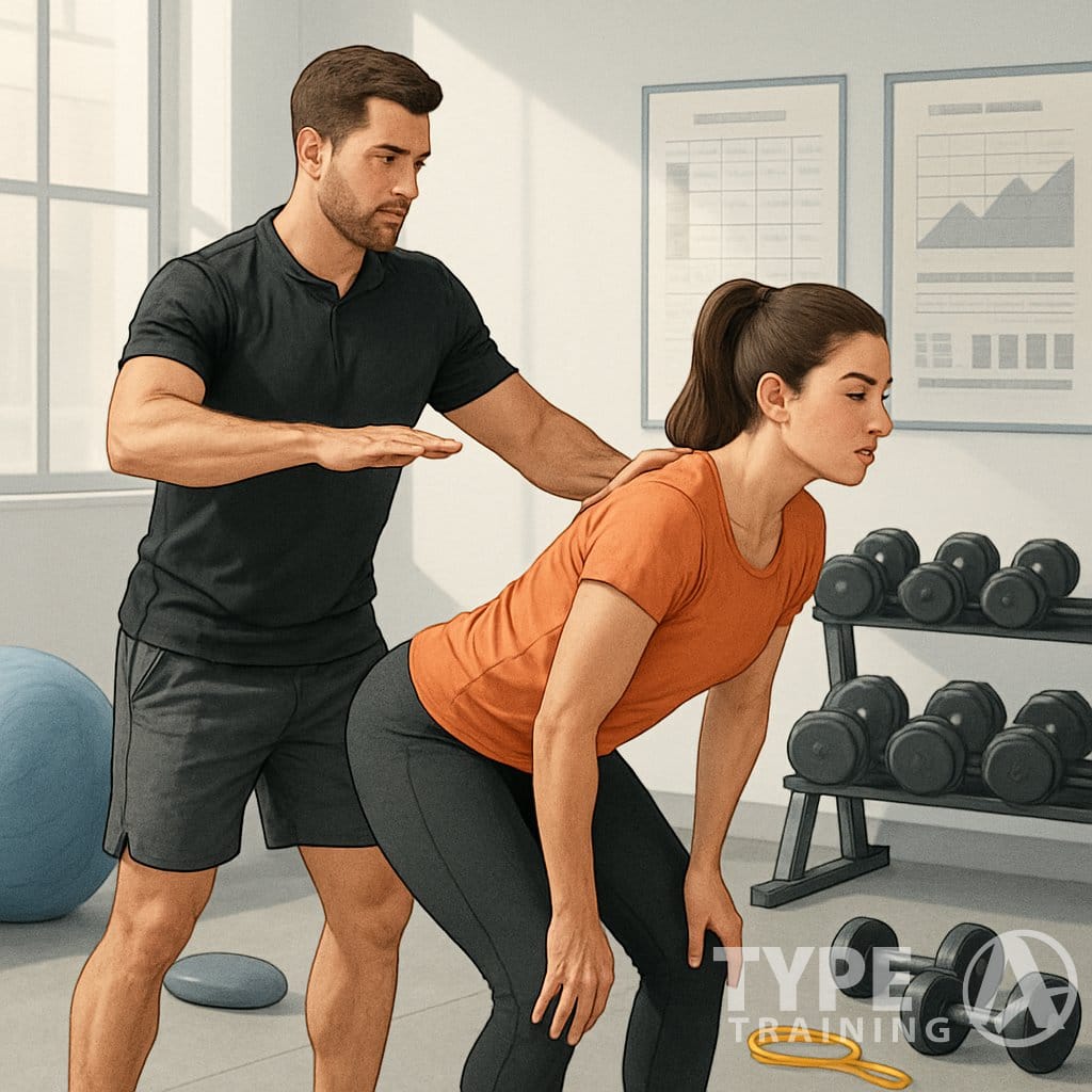 A fitness trainer instructing a client on corrective exercises in a gym with exercise equipment around them.