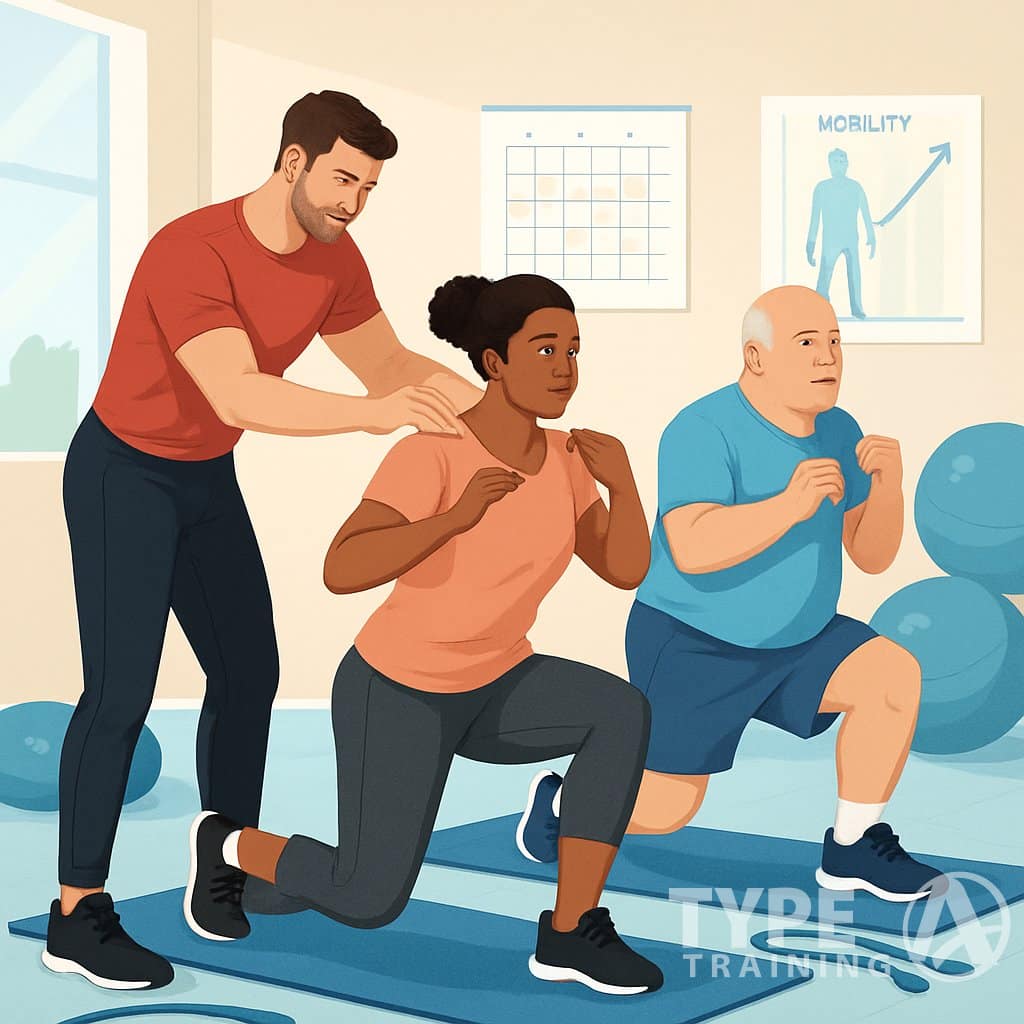 A fitness trainer instructing a diverse group of adults performing corrective exercises in a modern gym setting, focusing on proper posture and movement.
